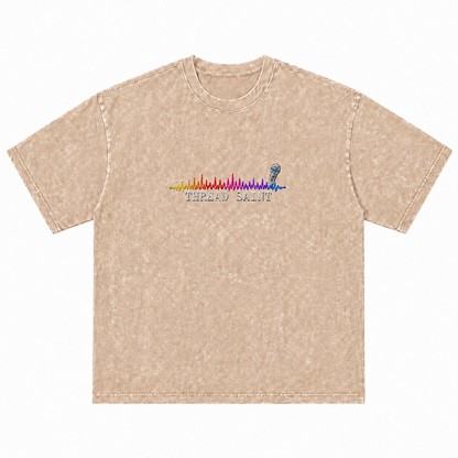 American Vintage Distressed Music Microphone Embroidered Oversized Heavy Cotton Black T-shirt Unisex