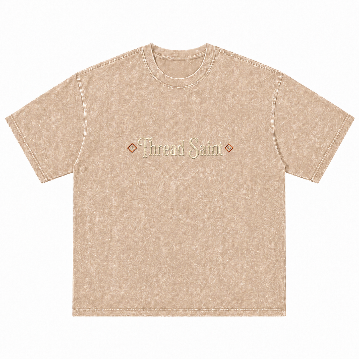 Vintage Washed Textured Black Tee | Gothic Thread Saint Embroidery with Diamond Accents Oversized Unisex Top
