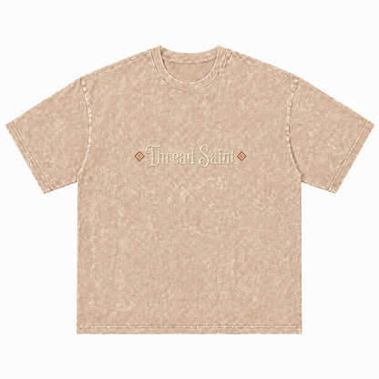 Vintage Washed Textured Black Tee | Gothic Thread Saint Embroidery with Diamond Accents Oversized Unisex Top