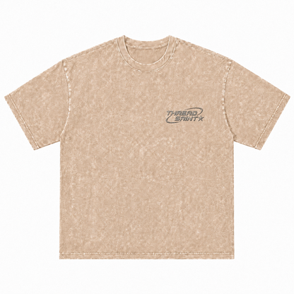 Vintage Washed Textured Black Tee | Thread Saint Curved Star Logo Embroidery Oversized Unisex Top