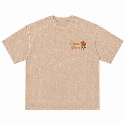 Vintage Washed Textured Black Tee | Thread Saint Rose Embroidery Oversized Unisex Top