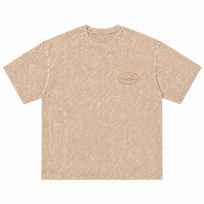 Vintage Washed Textured Black Tee | Oval Mountain Thread Saint Badge Embroidery Oversized Unisex Top