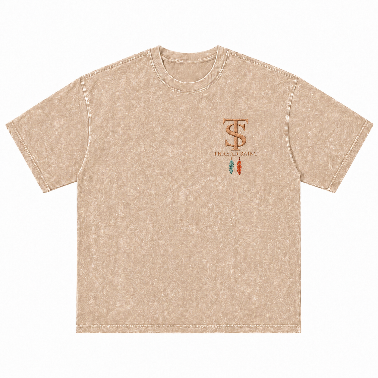 Vintage Washed Textured Black Tee | Western TS Monogram Feather Thread Saint Embroidery Oversized Unisex Top