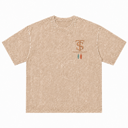 Vintage Washed Textured Black Tee | Western TS Monogram Feather Thread Saint Embroidery Oversized Unisex Top