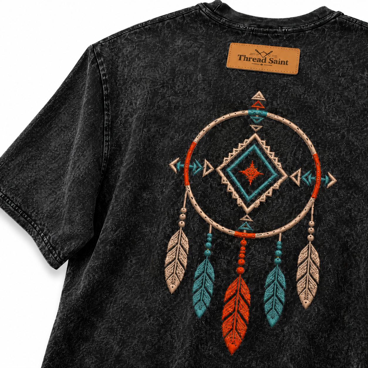 Vintage Washed Textured Black Tee | Western TS Monogram Feather Thread Saint Embroidery Oversized Unisex Top