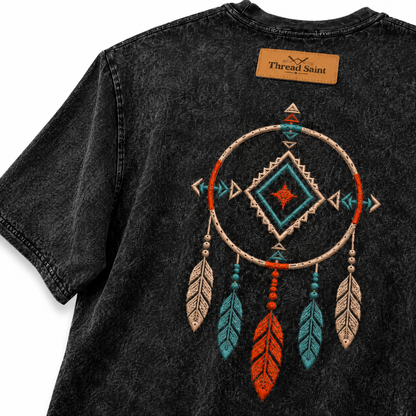 Vintage Washed Textured Black Tee | Western TS Monogram Feather Thread Saint Embroidery Oversized Unisex Top