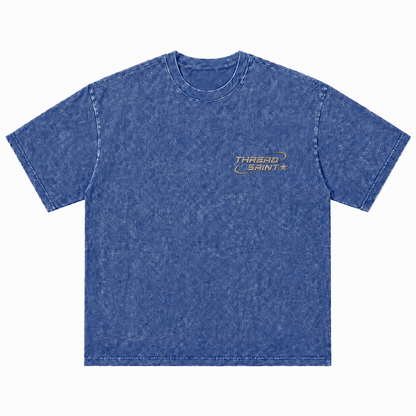 Vintage Washed Textured Black Tee | Thread Saint Curved Star Logo Embroidery Oversized Unisex Top