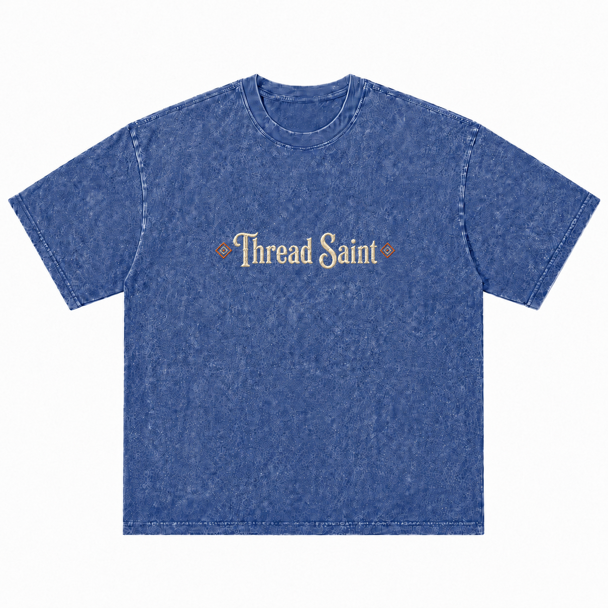 Vintage Washed Textured Black Tee | Gothic Thread Saint Embroidery with Diamond Accents Oversized Unisex Top