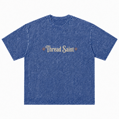 Vintage Washed Textured Black Tee | Gothic Thread Saint Embroidery with Diamond Accents Oversized Unisex Top
