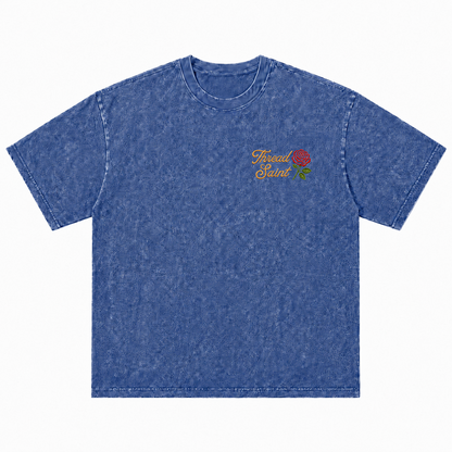 Vintage Washed Textured Black Tee | Thread Saint Rose Embroidery Oversized Unisex Top