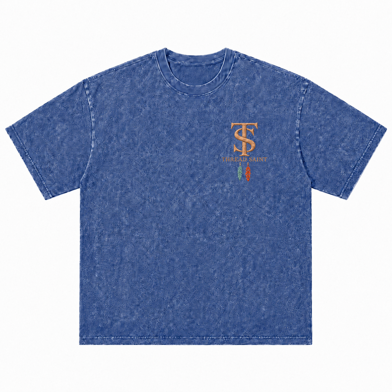 Vintage Washed Textured Black Tee | Western TS Monogram Feather Thread Saint Embroidery Oversized Unisex Top