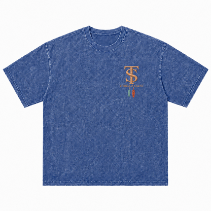Vintage Washed Textured Black Tee | Western TS Monogram Feather Thread Saint Embroidery Oversized Unisex Top