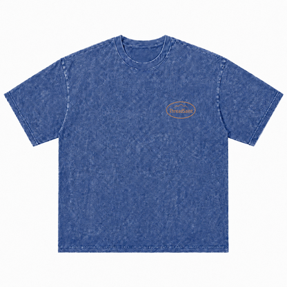Vintage Washed Textured Black Tee | Oval Mountain Thread Saint Badge Embroidery Oversized Unisex Top