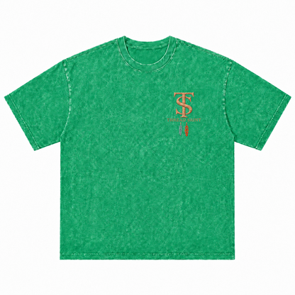Vintage Washed Textured Black Tee | Western TS Monogram Feather Thread Saint Embroidery Oversized Unisex Top