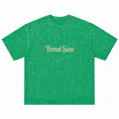 Vintage Washed Textured Black Tee | Gothic Thread Saint Embroidery with Diamond Accents Oversized Unisex Top