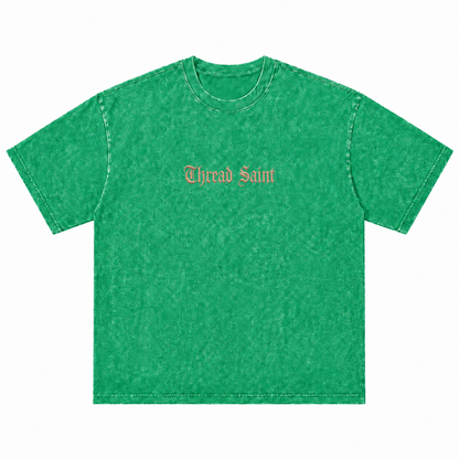 Vintage Washed Textured Black Tee | Gothic Thread Saint Letter Embroidery Oversized Unisex Top