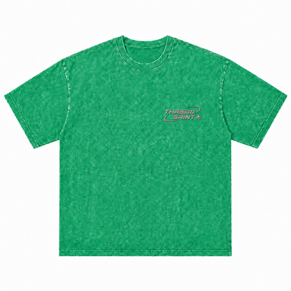 Vintage Washed Textured Black Tee | Thread Saint Curved Star Logo Embroidery Oversized Unisex Top