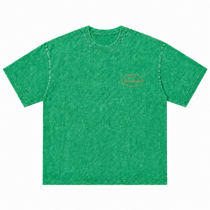 Vintage Washed Textured Black Tee | Oval Mountain Thread Saint Badge Embroidery Oversized Unisex Top