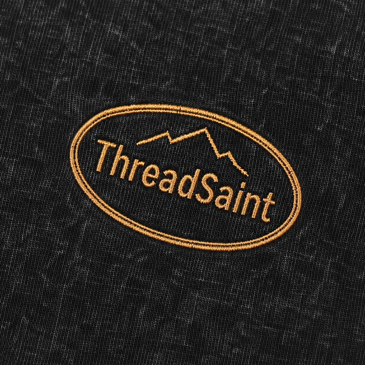 Vintage Washed Textured Black Tee | Oval Mountain Thread Saint Badge Embroidery Oversized Unisex Top
