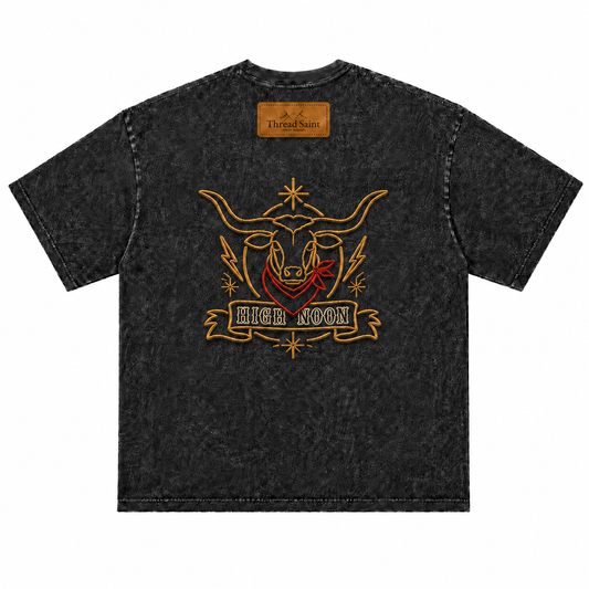 Vintage Western Style Golden Bull Embroidery Distressed Oversized Drop Shoulder Short Sleeve Tee