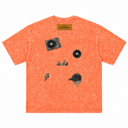 Vintage Washed Textured Black Tee | Thread Saint Curved Star Logo Embroidery Oversized Unisex Top