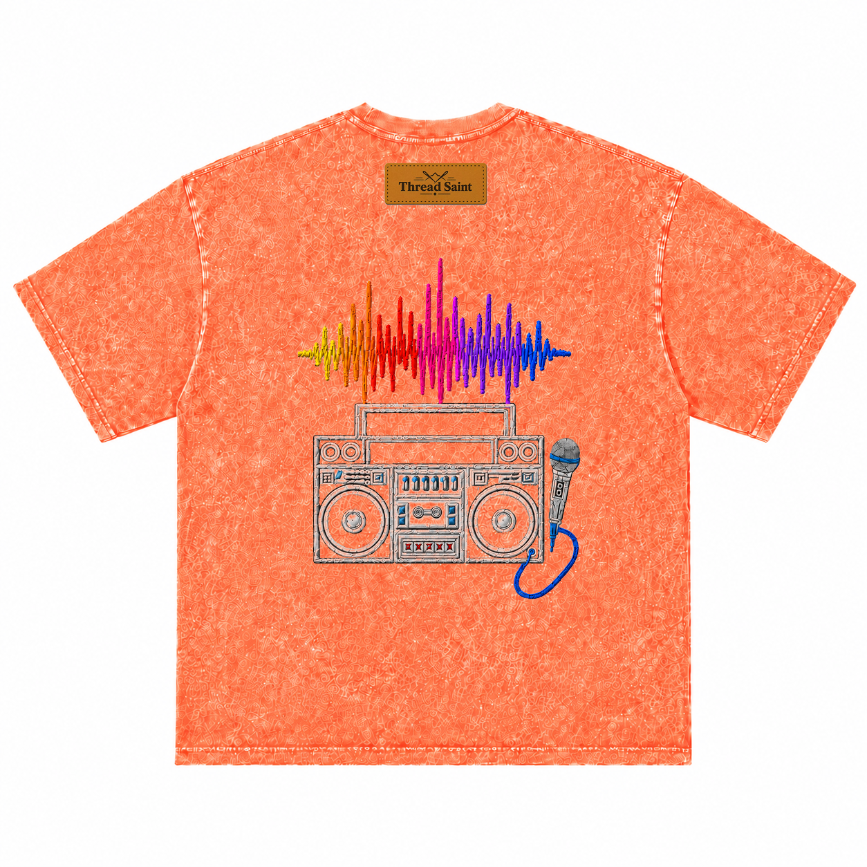 American Vintage Distressed Music Microphone Embroidered Oversized Heavy Cotton Black T-shirt Unisex