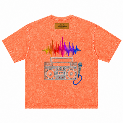 American Vintage Distressed Music Microphone Embroidered Oversized Heavy Cotton Black T-shirt Unisex