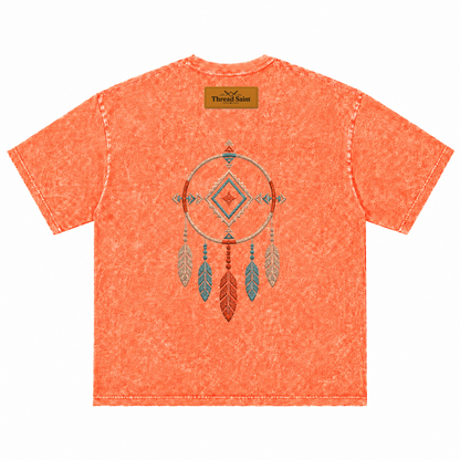 Vintage Washed Textured Black Tee | Western TS Monogram Feather Thread Saint Embroidery Oversized Unisex Top