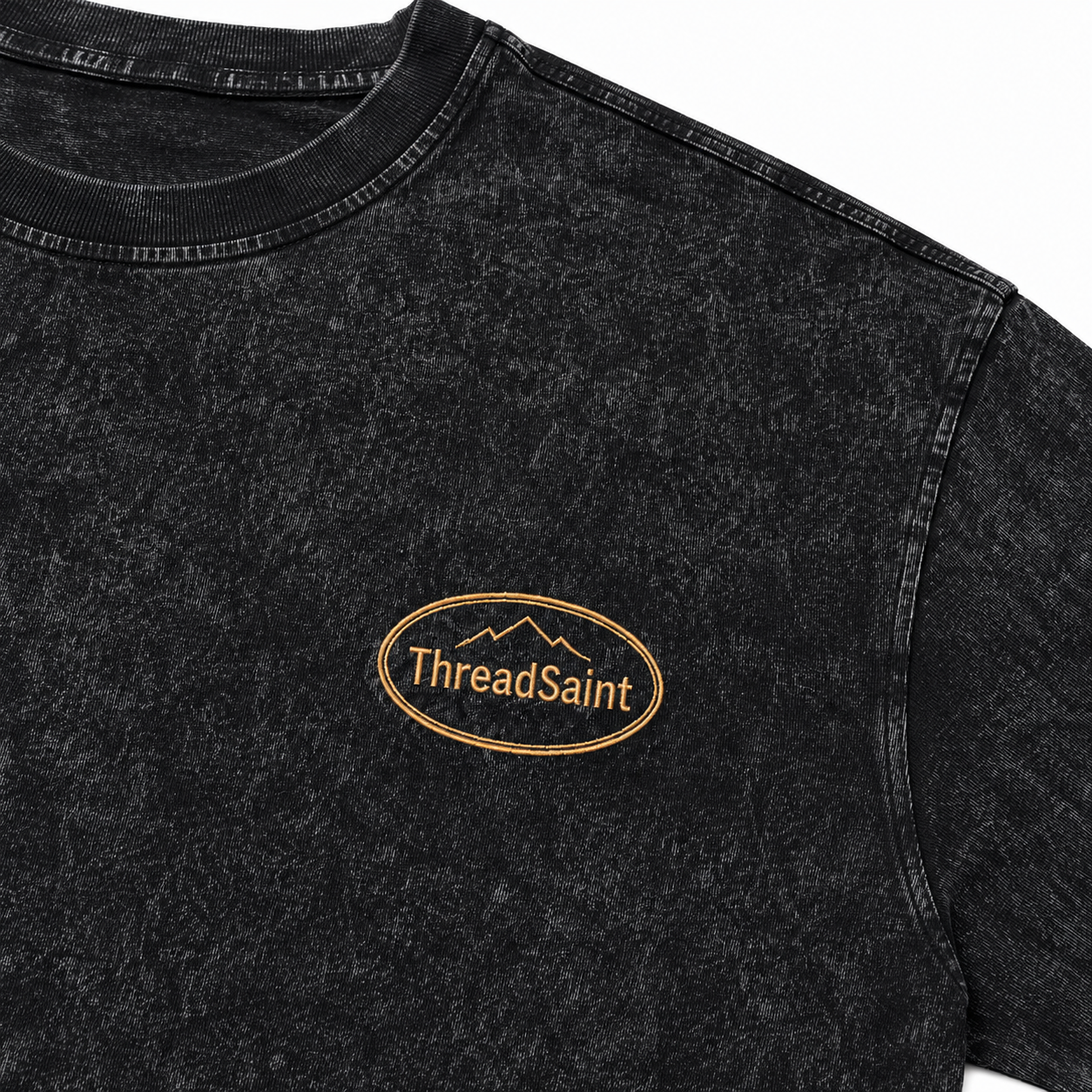 Vintage Washed Textured Black Tee | Oval Mountain Thread Saint Badge Embroidery Oversized Unisex Top