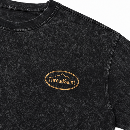 Vintage Washed Textured Black Tee | Oval Mountain Thread Saint Badge Embroidery Oversized Unisex Top