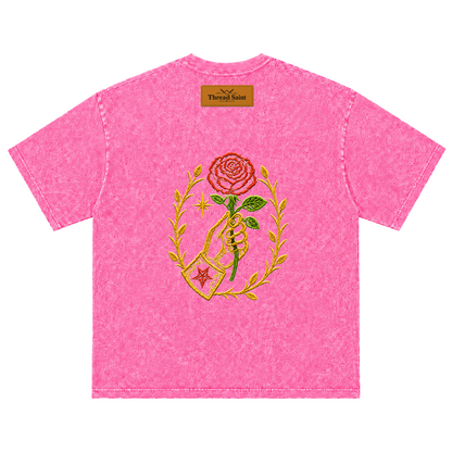 Vintage Washed Textured Black Tee | Thread Saint Rose Embroidery Oversized Unisex Top