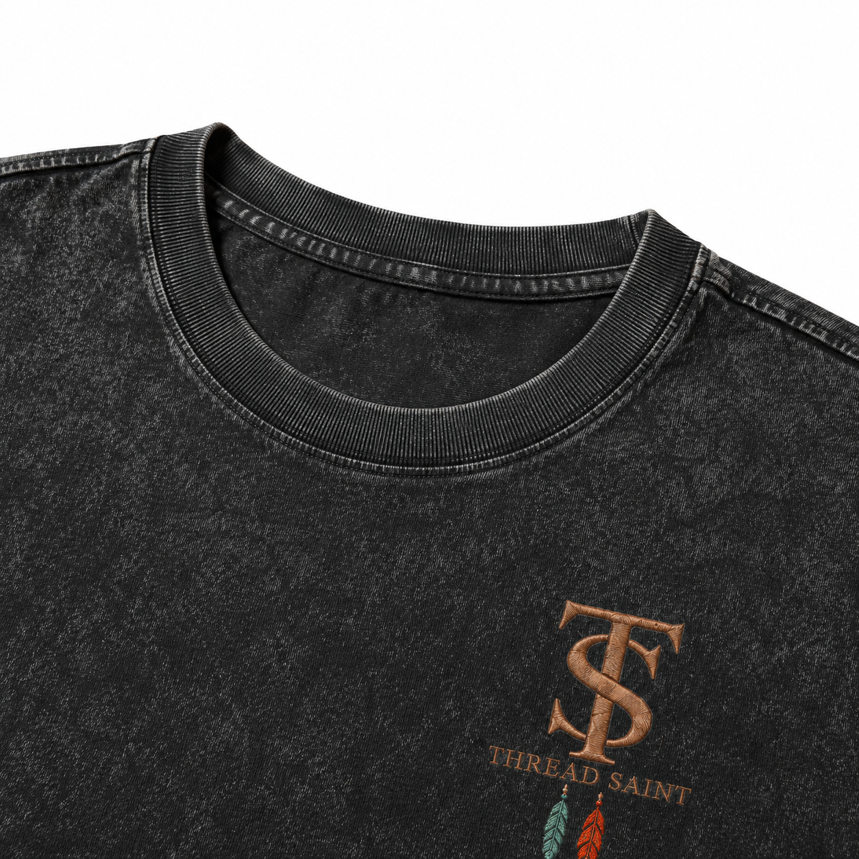 Vintage Washed Textured Black Tee | Western TS Monogram Feather Thread Saint Embroidery Oversized Unisex Top