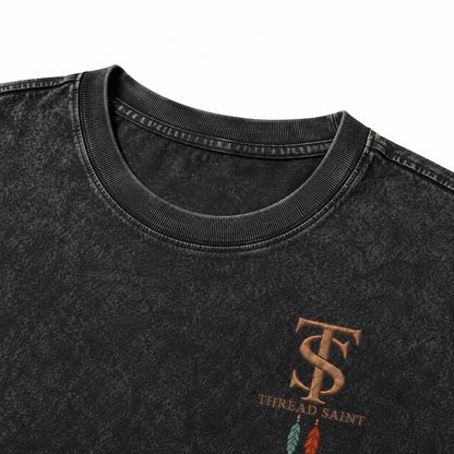 Vintage Washed Textured Black Tee | Western TS Monogram Feather Thread Saint Embroidery Oversized Unisex Top