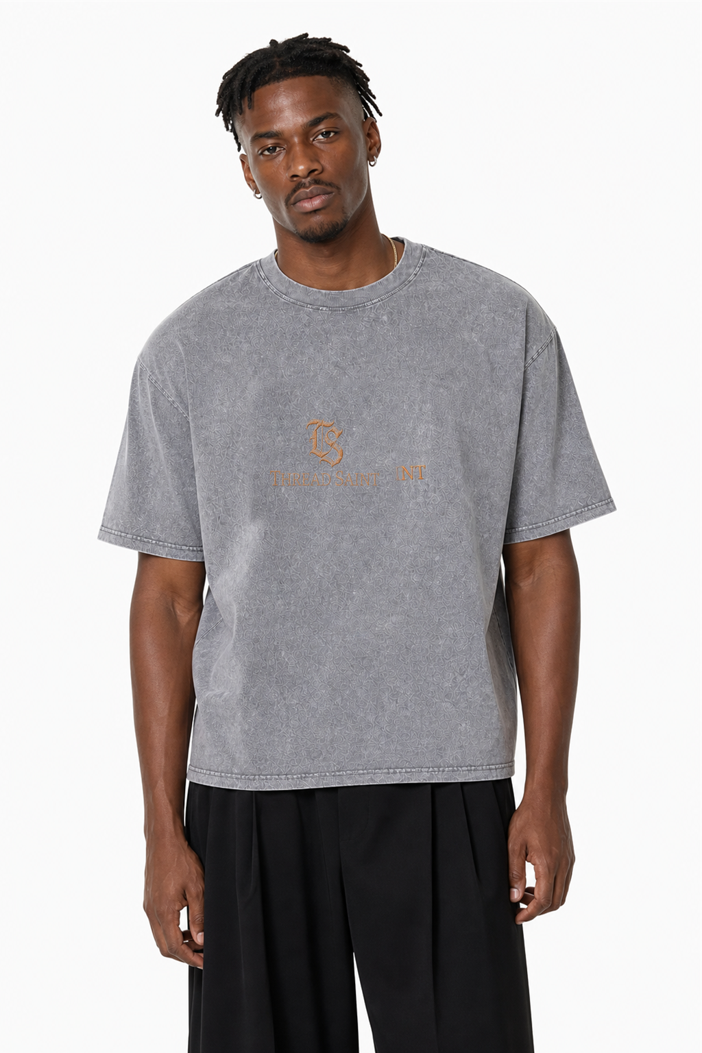 American Vintage Distressed TS Monogram Embroidered Oversized Heavy Cotton Black T-shirt Unisex