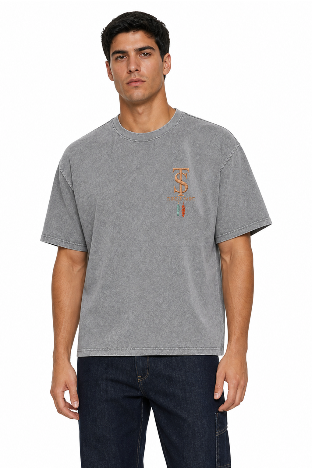 Vintage Washed Textured Black Tee | Western TS Monogram Feather Thread Saint Embroidery Oversized Unisex Top