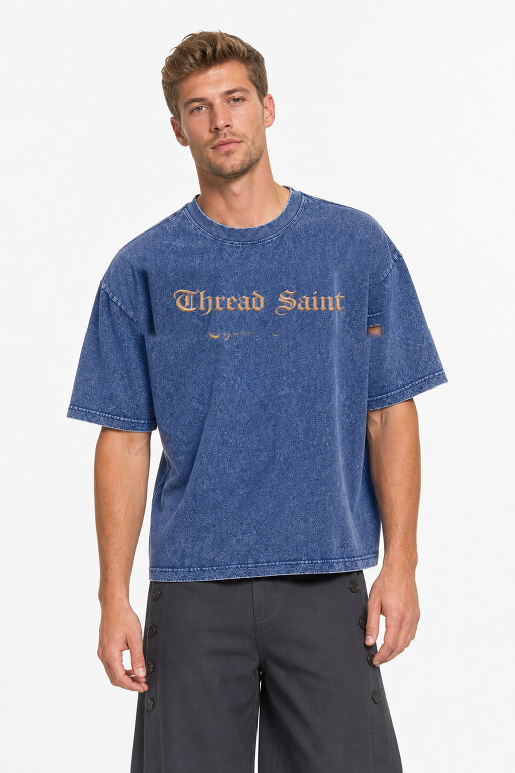 Vintage Washed Textured Black Tee | Gothic Thread Saint Letter Embroidery Oversized Unisex Top