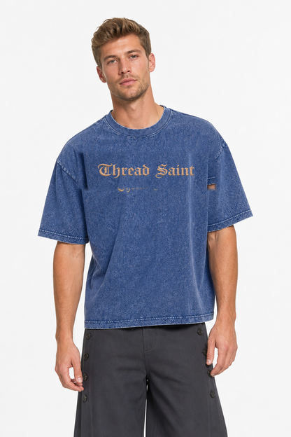 Vintage Washed Textured Black Tee | Gothic Thread Saint Letter Embroidery Oversized Unisex Top