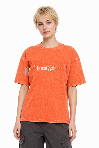 Vintage Washed Textured Black Tee | Gothic Thread Saint Embroidery with Diamond Accents Oversized Unisex Top
