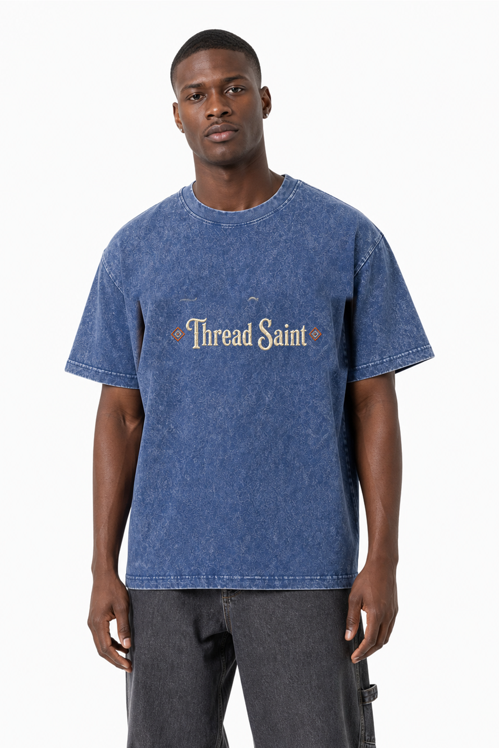 Vintage Washed Textured Black Tee | Gothic Thread Saint Embroidery with Diamond Accents Oversized Unisex Top