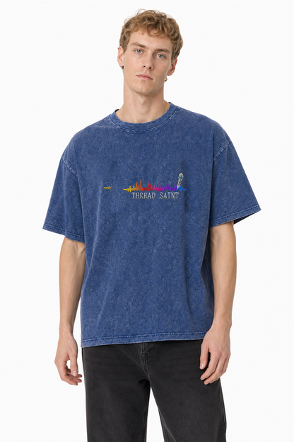 American Vintage Distressed Music Microphone Embroidered Oversized Heavy Cotton Black T-shirt Unisex
