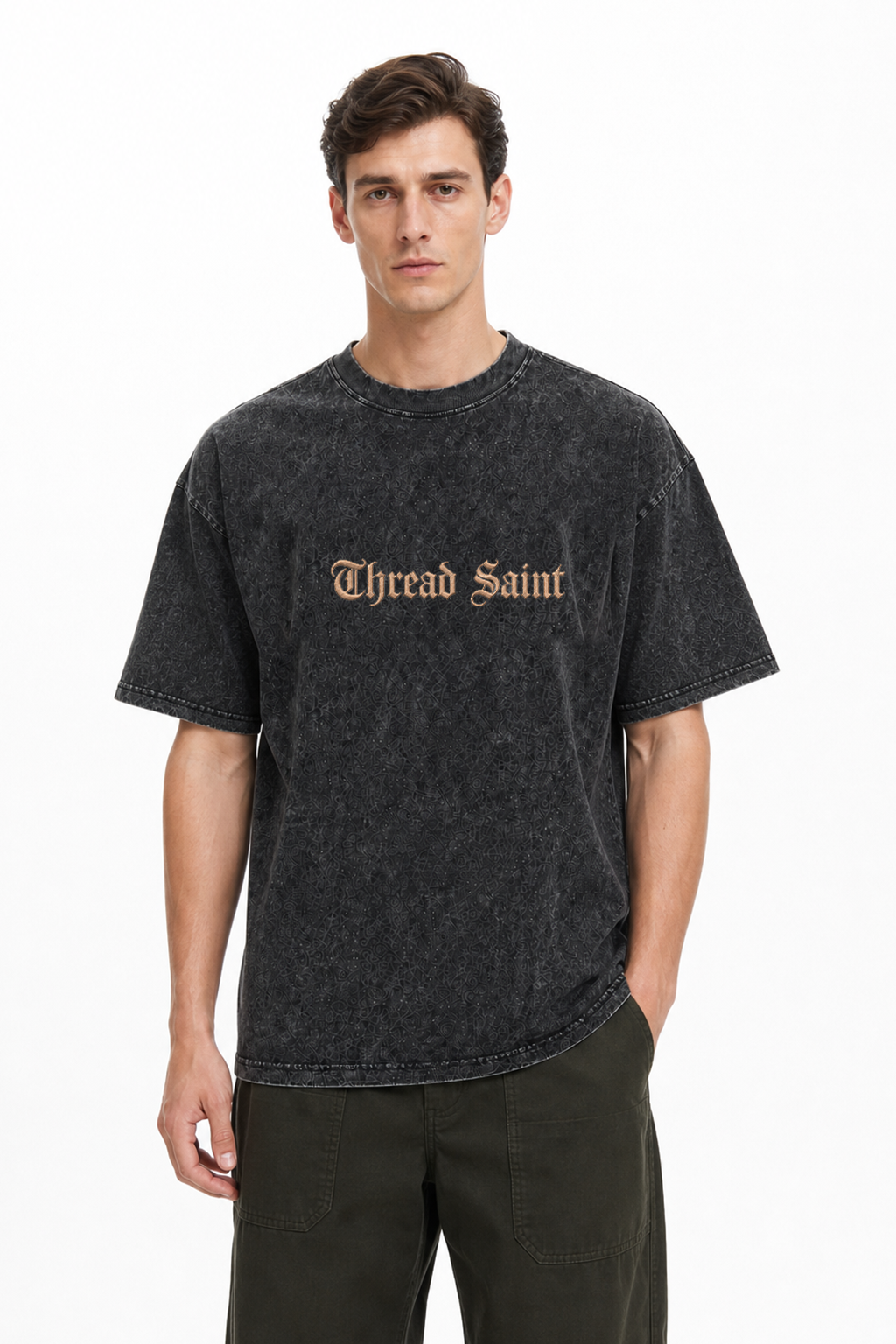 Vintage Washed Textured Black Tee | Gothic Thread Saint Letter Embroidery Oversized Unisex Top