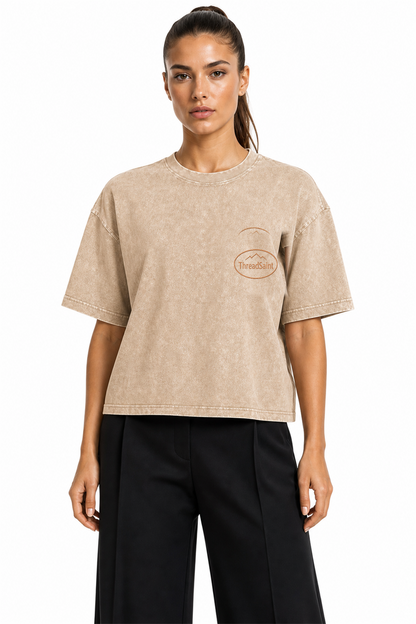 Vintage Washed Textured Black Tee | Oval Mountain Thread Saint Badge Embroidery Oversized Unisex Top