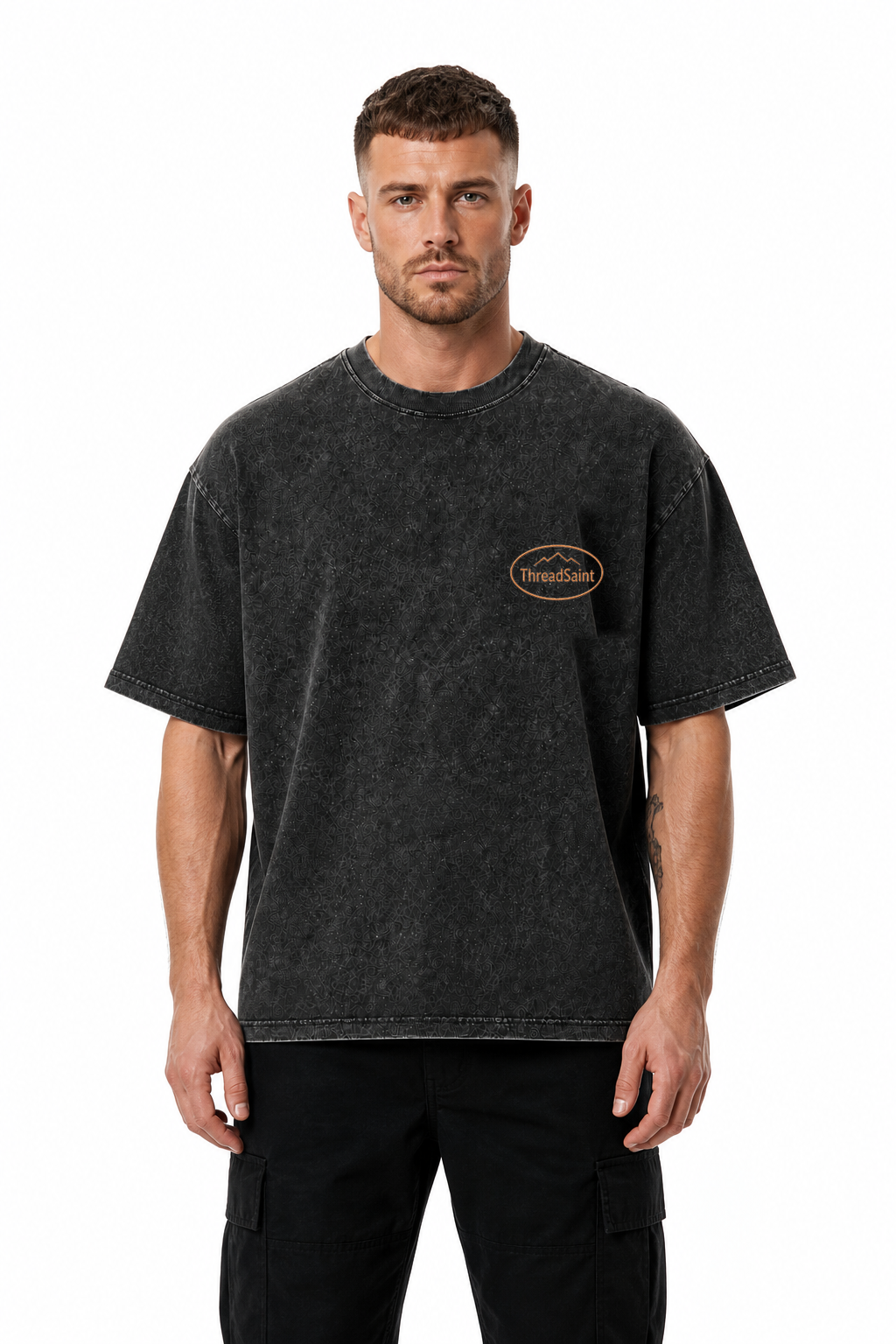 Vintage Washed Textured Black Tee | Oval Mountain Thread Saint Badge Embroidery Oversized Unisex Top