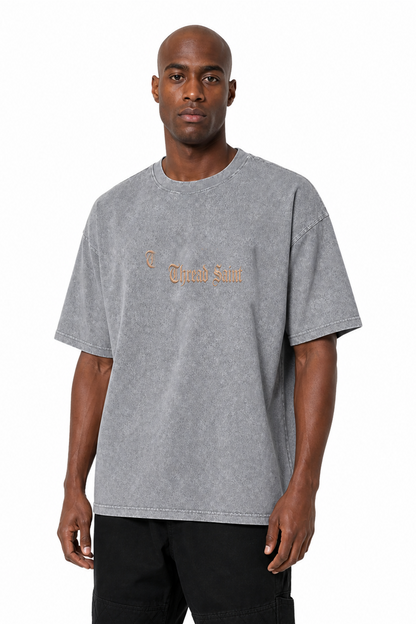 Vintage Washed Textured Black Tee | Gothic Thread Saint Letter Embroidery Oversized Unisex Top