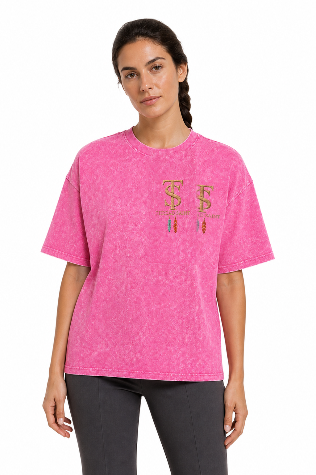 Vintage Washed Textured Black Tee | Western TS Monogram Feather Thread Saint Embroidery Oversized Unisex Top