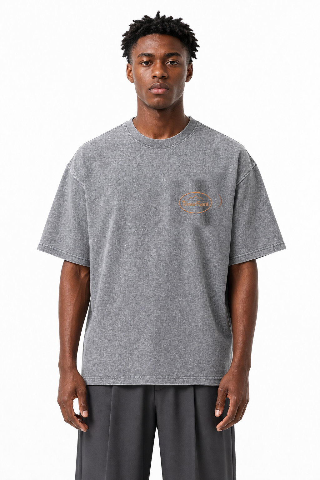 Vintage Washed Textured Black Tee | Oval Mountain Thread Saint Badge Embroidery Oversized Unisex Top