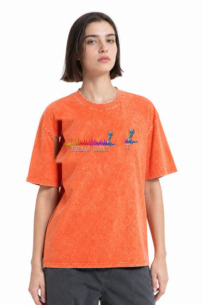 American Vintage Distressed Music Microphone Embroidered Oversized Heavy Cotton Black T-shirt Unisex