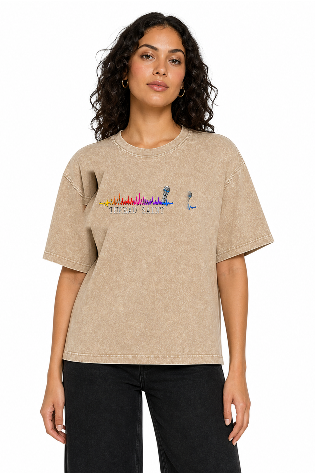 American Vintage Distressed Music Microphone Embroidered Oversized Heavy Cotton Black T-shirt Unisex