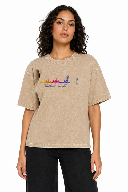 American Vintage Distressed Music Microphone Embroidered Oversized Heavy Cotton Black T-shirt Unisex
