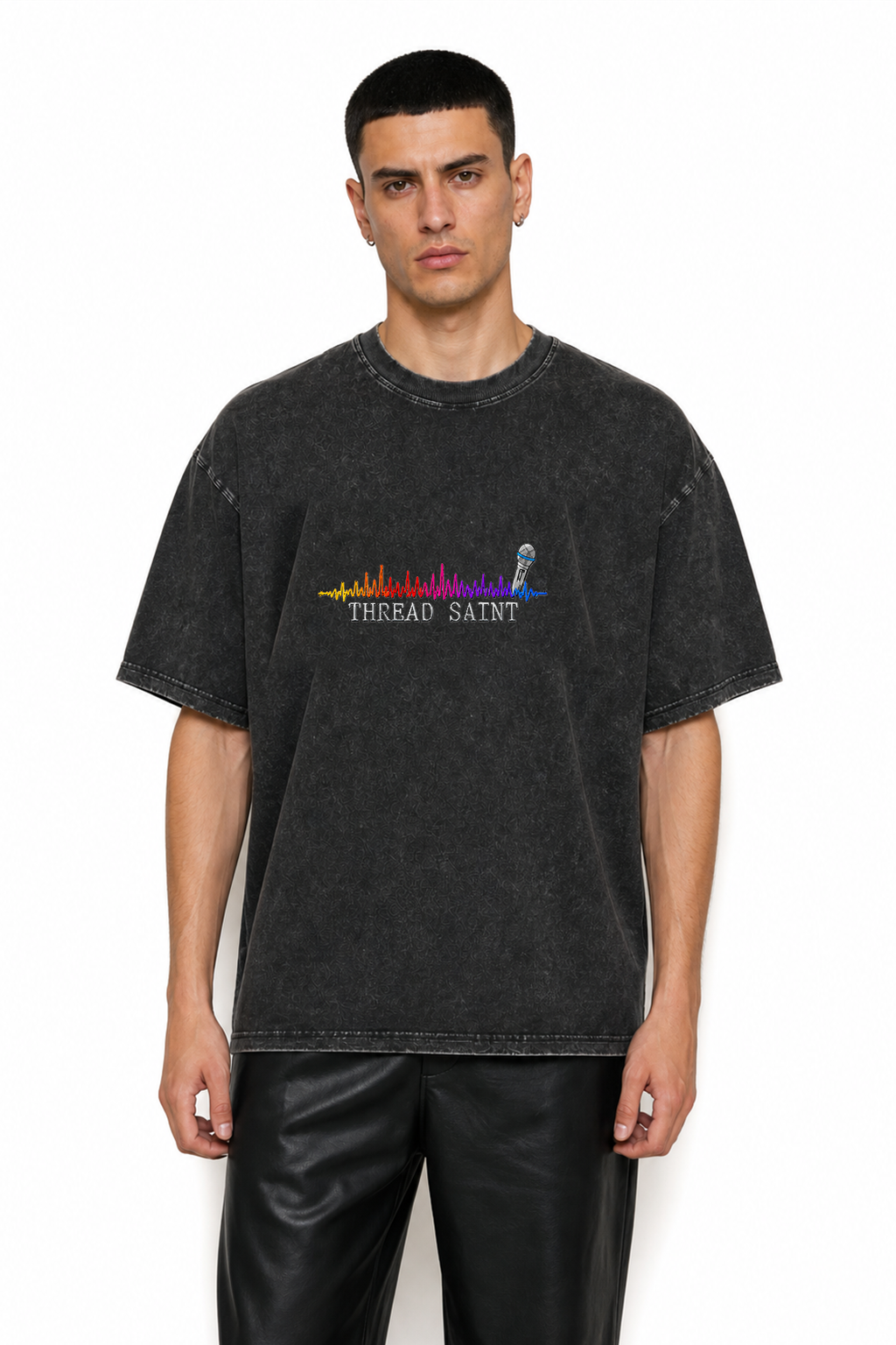 American Vintage Distressed Music Microphone Embroidered Oversized Heavy Cotton Black T-shirt Unisex